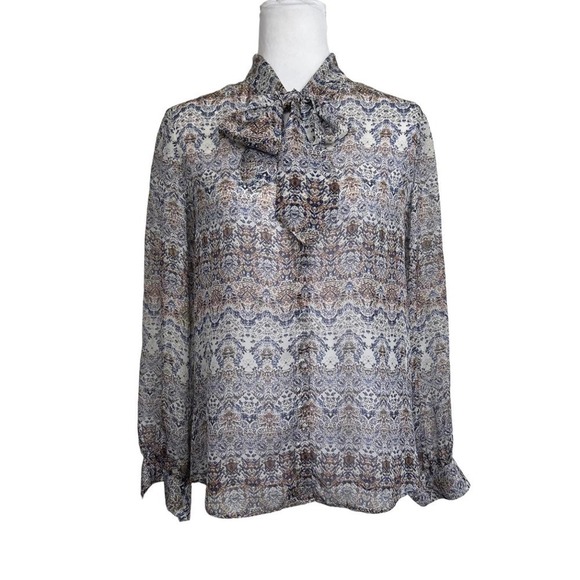 L'AGENCE Blouse Silk Printed tie Detail Sheer Blue Tan Size S - Picture 1 of 11